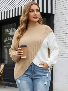 Γυναικείο Plus Size Casual Colorblock Cross Splicing Mock Neck Long Sleeve Pullover Knit Sweater Χειμώνας Φθινόπωρο Top