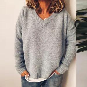 Casual loose V-neck knit sweater for women, comfortable long sleeve pullover top stylish.
