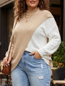 Γυναικείο πουλόβερ plus size με ψηλό λαιμό και δίχρωμο σχέδιο πλεκτής υφής λεπτομέρεια.