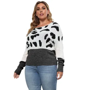 Plus size women color block leopard print off shoulder knit sweater casual pullover top