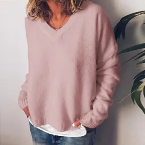 Women solid color V-neck knit sweater loose casual pullover top for autumn winter wear