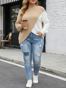 Γυναικείο plus size φθινόπωρο χειμώνας colorblock ψηλό λαιμό πλεκτό πουλόβερ τοπ