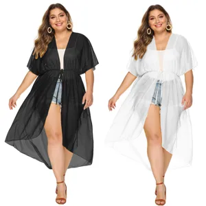 Women Plus Size Chiffon Cardigan Casual V-Neck Batwing Sleeve Loose Beach Sun Protection Cover Up Summer Outerwear