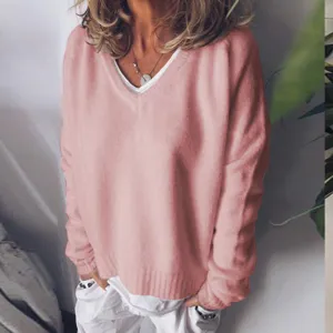 Women's Autumn Winter Solid Color V-Neck Knit Sweater Casual Loose Long Sleeve Warm Pullover