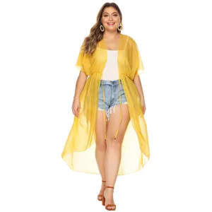 Plus size yellow chiffon beach kimono cardigan detail view, lightweight summer cover up.