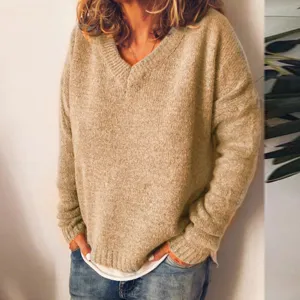 Casual solid color V-neck knit sweater for women, loose long sleeve warm pullover top.