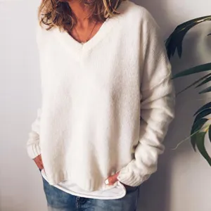 Women's casual loose V-neck knit sweater solid color long sleeve pullover autumn winter