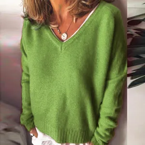 Casual green V-neck knitted pullover sweater for women, loose and warm autumn winter top.