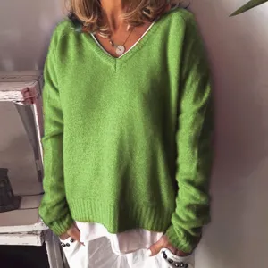Stylish casual green V-neck knitted sweater for women, loose long-sleeve pullover top.