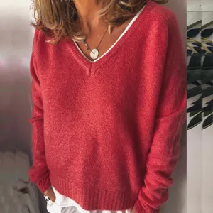 Casual V-neck knit sweater, solid color warm pullover top for autumn winter women.