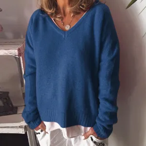 Casual blue V-neck knit sweater detailed view, cozy loose long sleeve pullover top.