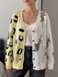 Color-blocked knitted cardigan featuring leopard and tiger print panels, soft and cozy.