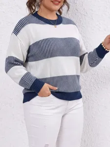 Plus size women striped color block knit sweater casual autumn winter round neck long sleeve top