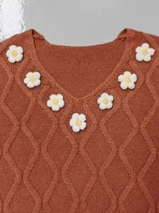 Women brown v-neck cable knit sweater with 3d crochet flowers casual autumn sweater