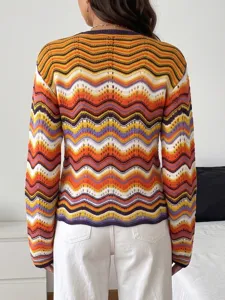 Cárdigan de punto multicolor con diseño en zig-zag para mujer, prenda a rayas de manga larga.