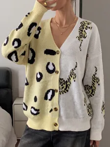 Colorblock split cardigan with leopard and tiger jacquard patterns, V-neck and button closure.