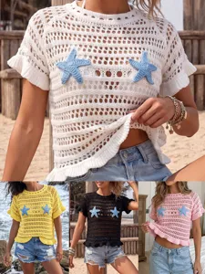 Women Crochet Starfish Hollow Out Beach Cover Up Short Sleeve Knit Top Polyester Boho Vacation Sun Protection Shirt