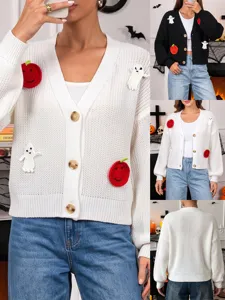 Cardigan in Maglia con Scollo a V a Tema Zucca di Halloween da Donna Manica Lunga a Lanterna Cappotto Maglione Casual