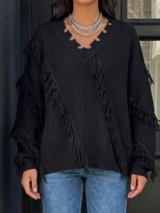 Stylish black V-neck knit sweater with fringe details and distressed collar. Chic pullover.