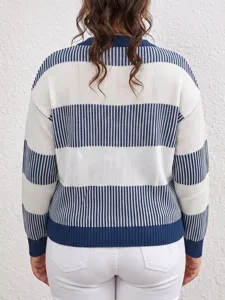 Back view detail of women's blue and white striped knit sweater, showing cozy fall style.