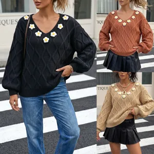 Women V-Neck Cable Knit Sweater 3D Crochet Flower Lantern Sleeve Casual Pullover Top
