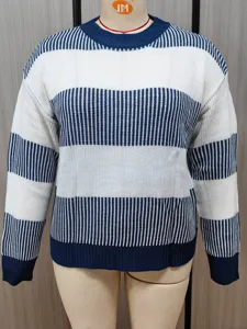 Casual women striped knit sweater autumn winter long sleeve colorblock pullover top view