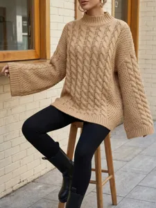 Gemütlicher, dicker Rollkragen-Pullover mit Zopfmuster für Damen, warmer Strickpullover.