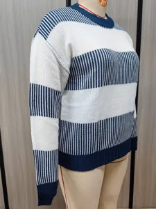 Casual autumn winter women striped color-block knit sweater top apparel detail view