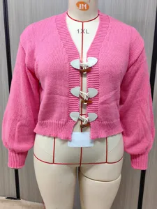 Damen Rosa Strickjacke Übergröße Duffle Button Pullover Langarm Herbst Oberbekleidung