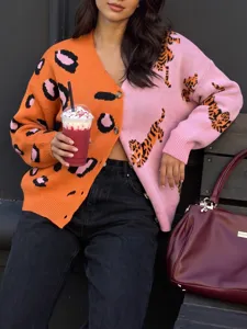 Colorblock knit cardigan with leopard and tiger print for women autumn fashion