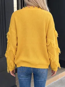 Women oversized fringe knit sweater casual long sleeve yellow solid pullover jumper