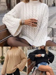 Damen Casual Stehkragen Einfarbig ZopfMuster Pullover Langarm Lose Winter Warme Mode Pullover