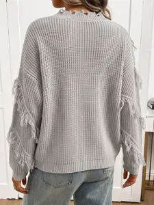 Women grey knit sweater with fringe tassel sleeves and distressed collar casual pullover top.