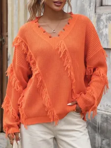 V-neck fringe orange knit sweater, loose casual long sleeve pullover, trendy street fashion top.