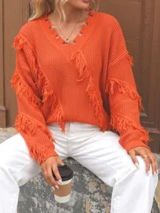 Stylish orange v-neck sweater with fringe and distressing details for women fashion daily wear