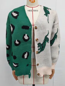 Colorblock split knit cardigan with leopard and tiger jacquard patterns, casual cozy style.