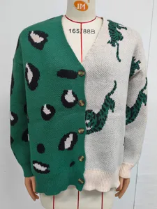 Close-up detail of the color block leopard print cardigan, featuring V-neck and buttons.
