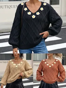 Women's Argyle Jacquard V-Neck Sweater 3D Hand-Crocheted Floral Patchwork Loose Lantern Sleeve Pullover Knit Tops