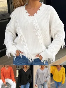 Womens Casual Loose Fit V-Neck Long Sleeve Solid Color Tassel Distressed Pullover Knit Sweater For Autumn Winter