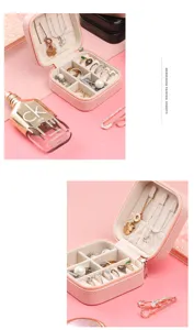 Close-up detail of a compact pink travel jewelry organizer featuring multiple storage compartments