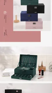 Detailed view of 3-layer velvet jewelry box with lock and multiple storage compartments