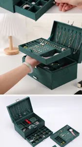 Detail view of the multi-layer velvet jewelry box showing spacious internal storage compartments