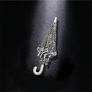 Vintage Umbrella Shape Rhinestone Brooch Creative Alloy Crystal Lapel Pin With Bowknot For Suit Coat Women Jewelry