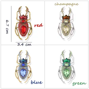 Vintage crystal beetle brooch pin detail showing four color variants and dimensions