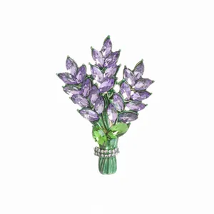 Detailed view of elegant purple lavender brooch with sparkling crystal petals.