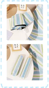 Detail view of blue and green striped umbrella with matching storage sleeve
