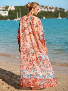Blumenprint Strand Kimono lange Strickjacke Sommer Urlaub Bikini Cover Up Damen Sommerkleid