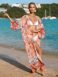 Blumiger Strand Kimono Überwurf, elegante Damen Maxicardigan für den Sommer Urlaub.