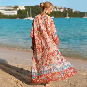 Damen Blumenmuster Strand Kimono Cardigan Urlaub langer Überwurf Badebekleidung Kleid