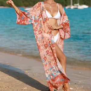 Damen Blumenmuster Strand Kimono Cardigan Bikini Cover Up Sommer Urlaub Lange Maxi Kleid